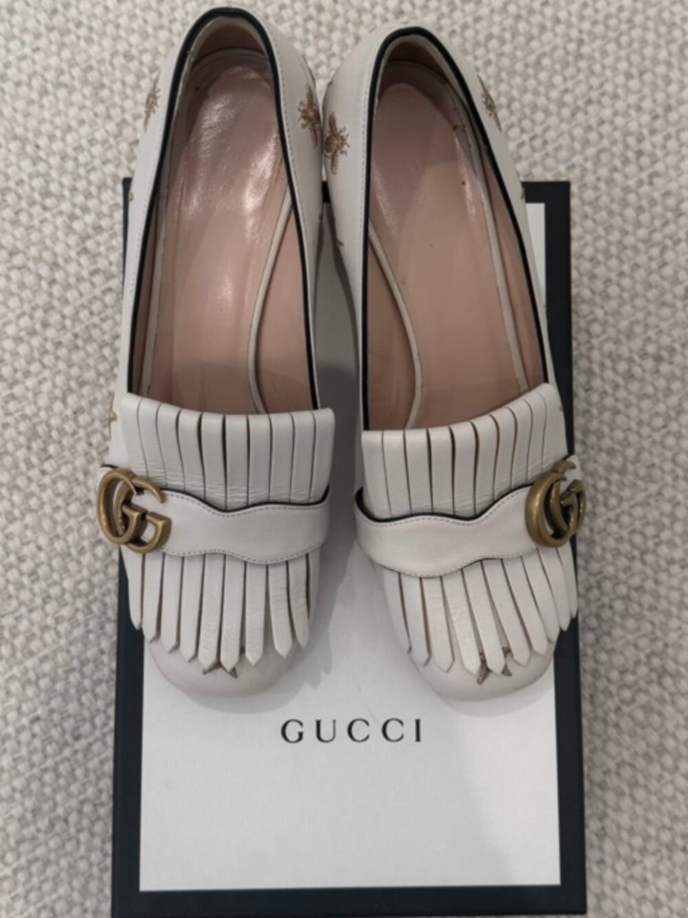 Gucci Quentin GG Bee Star Fringe Pumps Mystic White 39.5